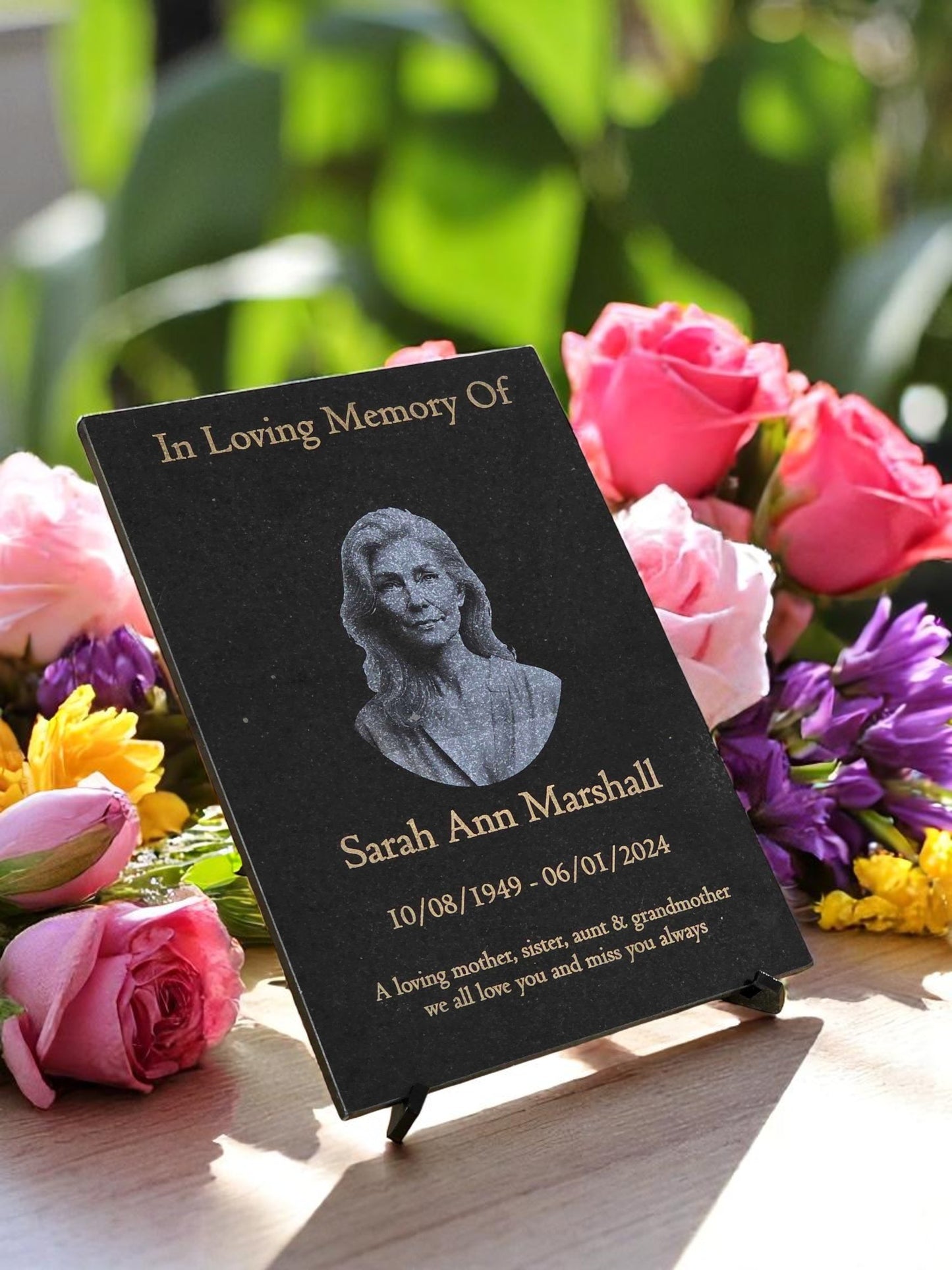 Granite Memorial Etched Portrait Plaque, Add a Portrait, Personalized Text and Stand Included