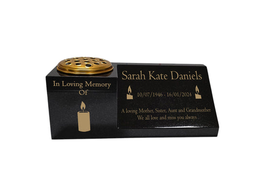 Granite Memorial Vase and Plaque Combination – Candle Design, Solid Granite (16x6x6”) with Flower Pot Insert