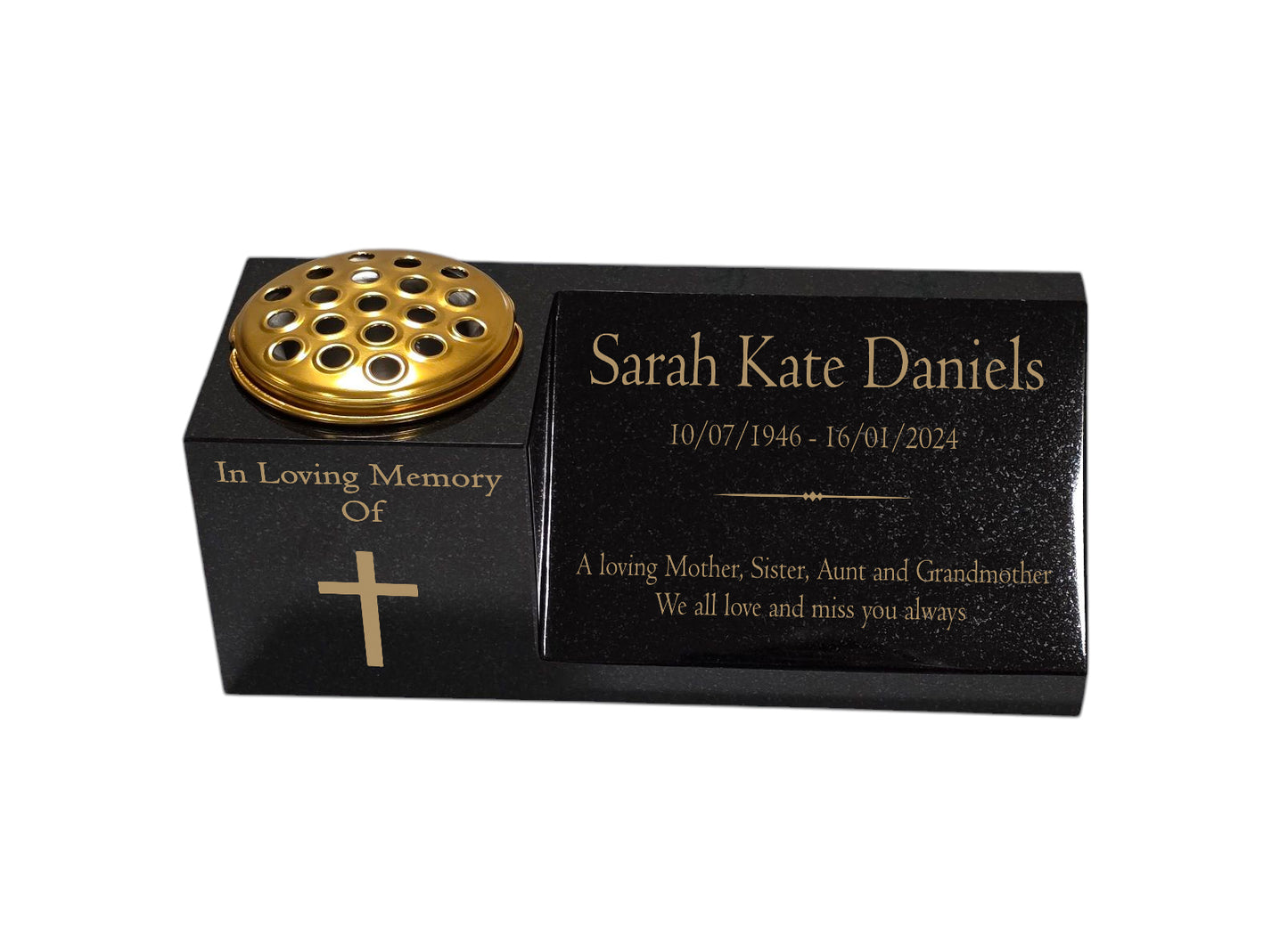 Granite Memorial Vase and Plaque Combination – Cross Design, Solid Granite (16x6x6”) with Flower Pot Insert