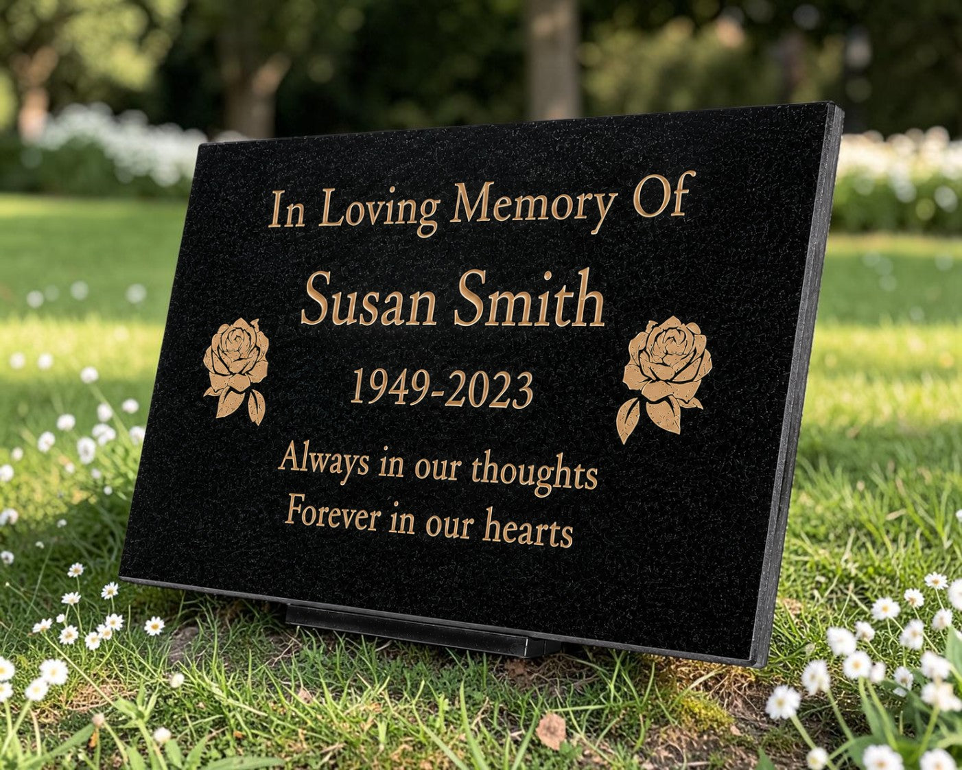 Granite Memorial Plaque, Roses, Personalized, Stand Included