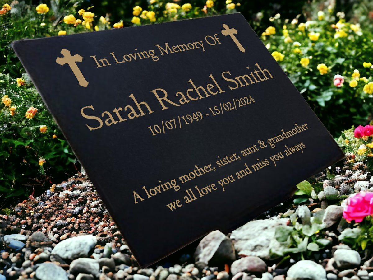 Granite Memorial Plaque, Crosses, Personalized, Stand Included