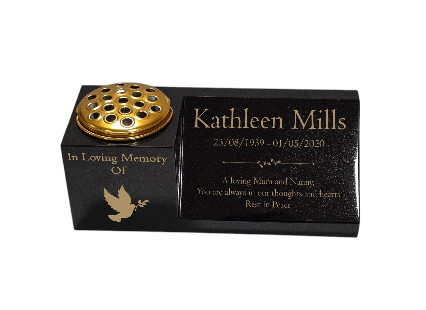 Granite Memorial Vase and Plaque Combination – Dove Design, Solid Granite (16x6x6”) with Flower Pot Insert