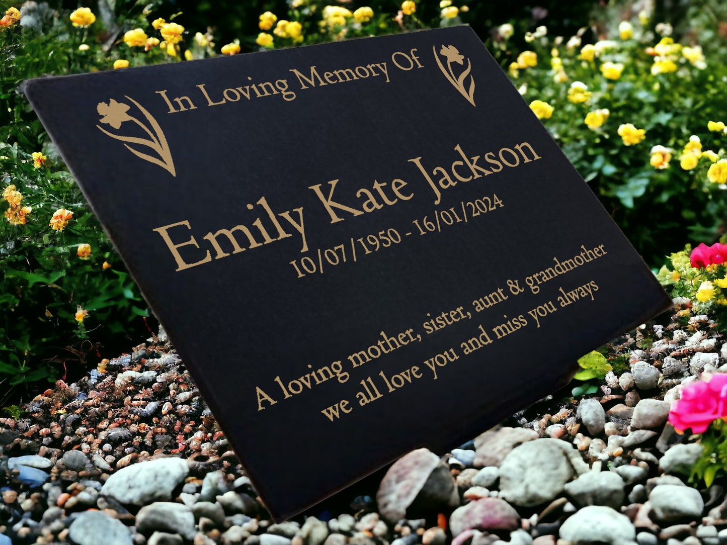 Granite Memorial Plaque, Daffodil Design, Personalised Engraved Tribute