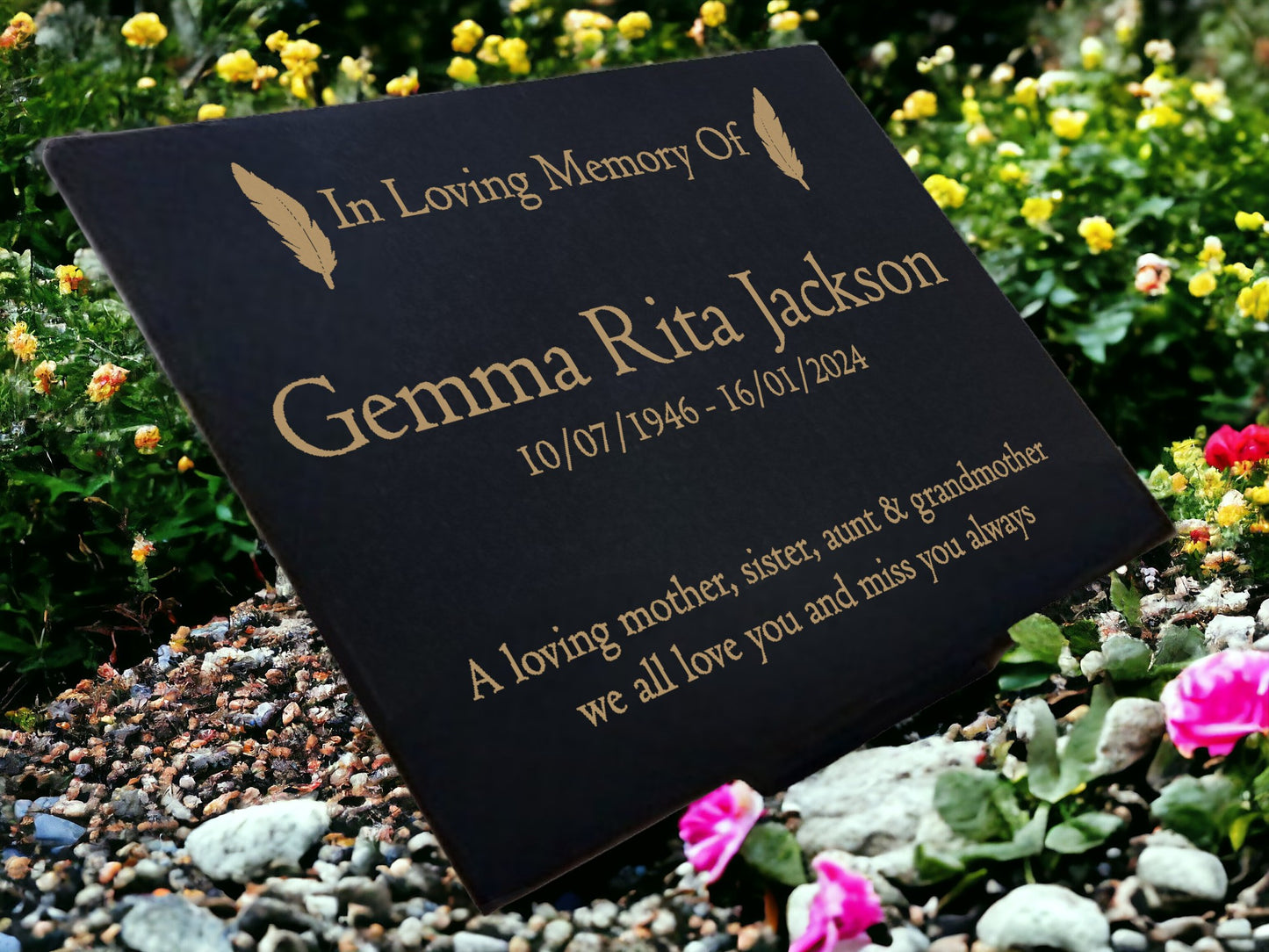 Granite Memorial Plaque, Feather, Personalized, Stand Included