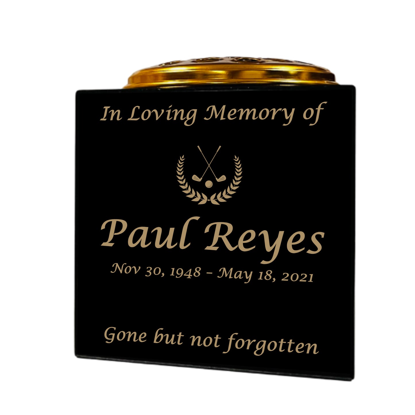 Granite Memorial Vase- Solid Granite – Free Personalized Gold Engraving, Golf Design – Includes Metal Flower Pot Insert