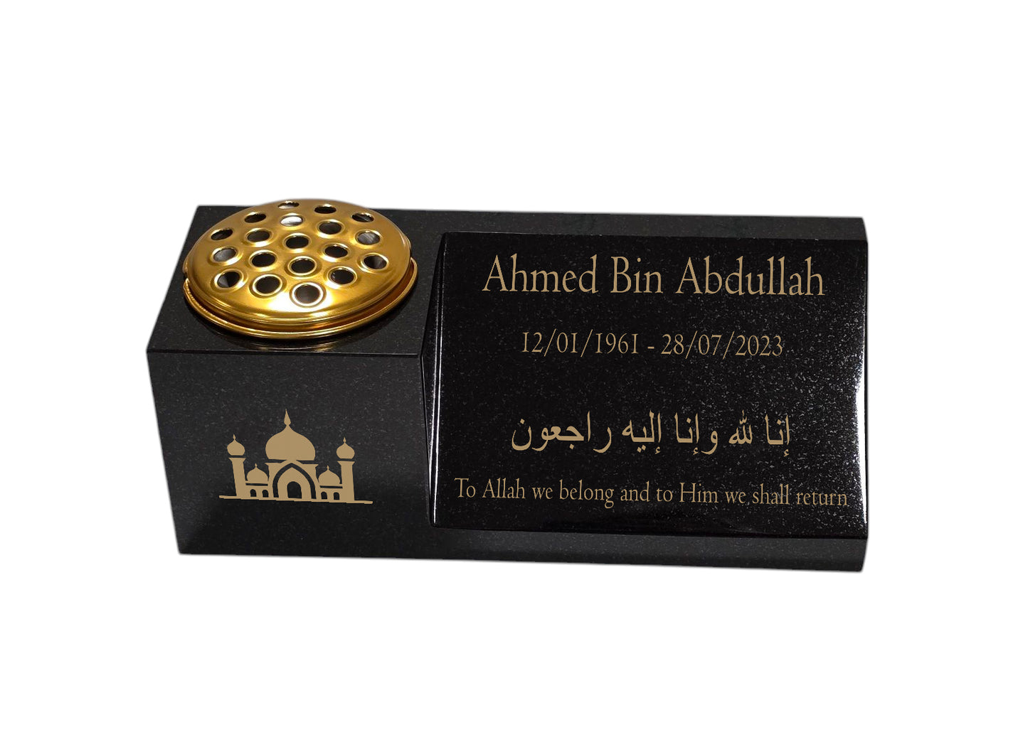 Granite Memorial Vase and Plaque Combination – Islamic Design 2, Solid Granite (16x6x6”) with Flower Pot Insert
