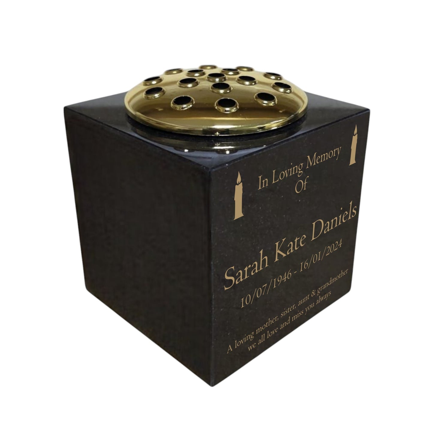 Granite Memorial Vase- Solid Granite – Free Personalised Gold Engraving , Candle – Includes Metal Flower Pot Insert