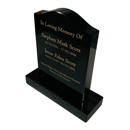 Granite Memorial Ogee Headstone for Two Names, Free Personalised Gold Engraving, Polished Black Granite