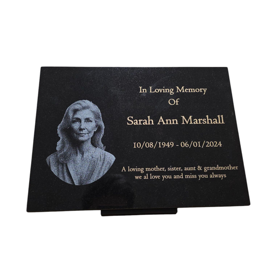 Granite Memorial Plaque, Add a Portrait, Personalised Text and Stand Included