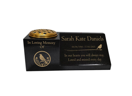 Granite Memorial Vase and Plaque Combination – Robin Design, Solid Granite (16x6x6”) with Flower Pot Insert