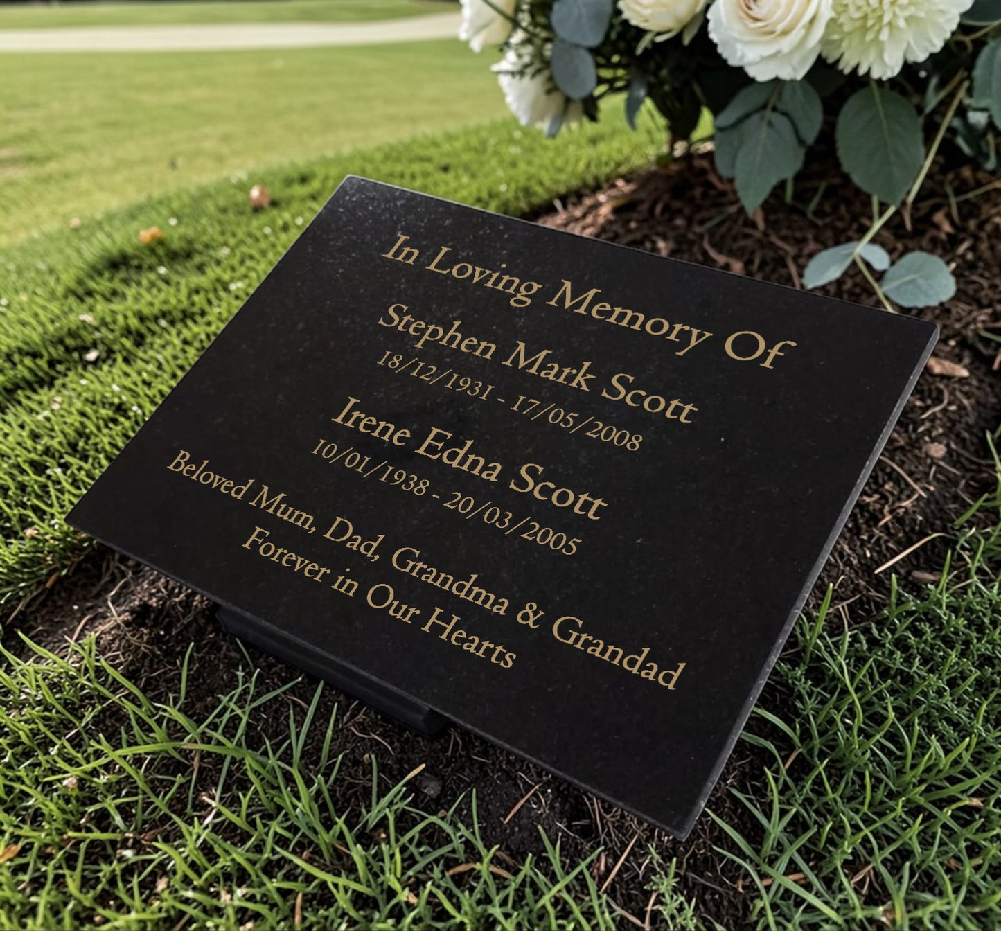 Granite Memorial Plaque for Two Names, Free Personalised Gold Engraving, Polished Granite