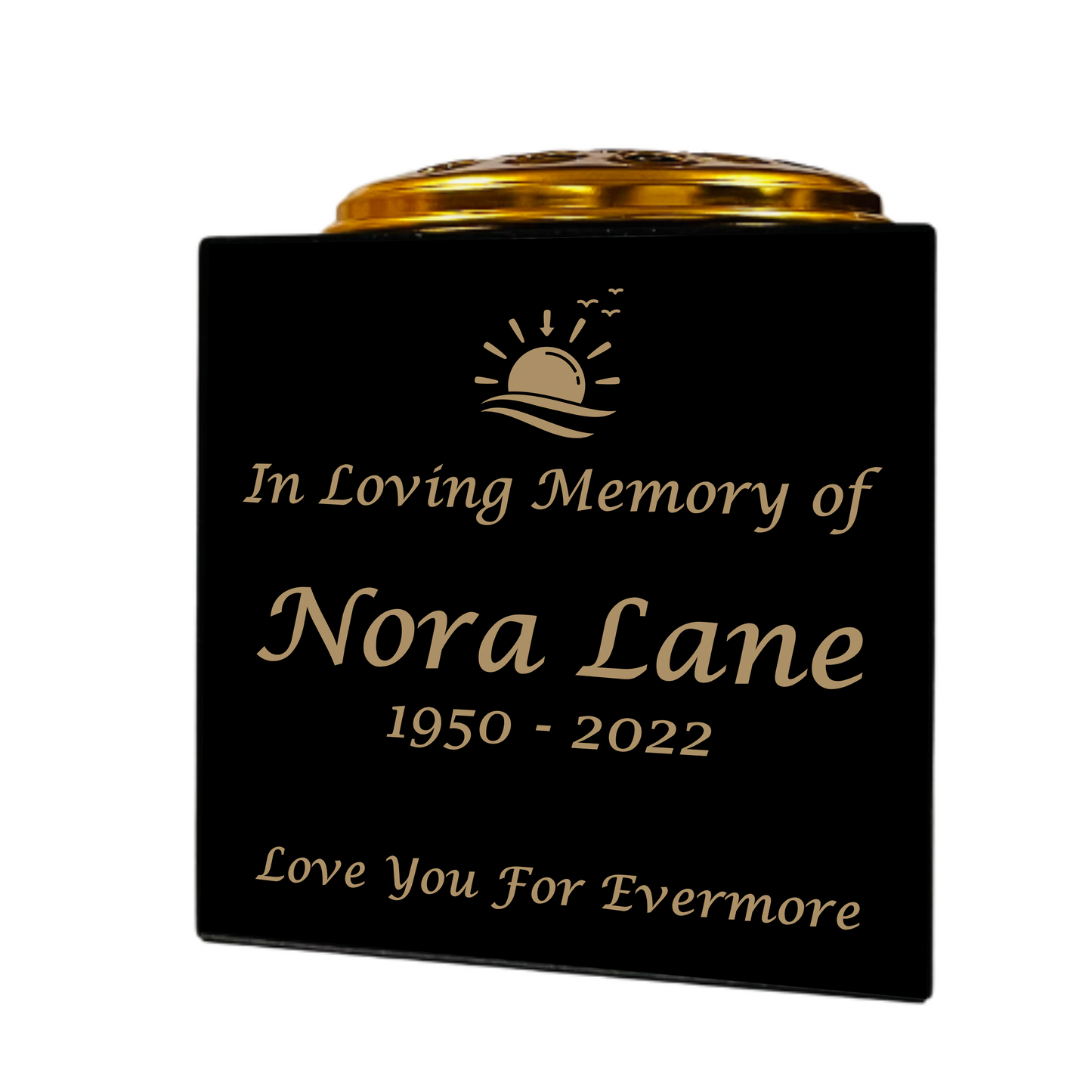 Granite Memorial Vase- Solid Granite – Free Personalized Gold Engraving, Sunset– Includes Metal Flower Pot Insert