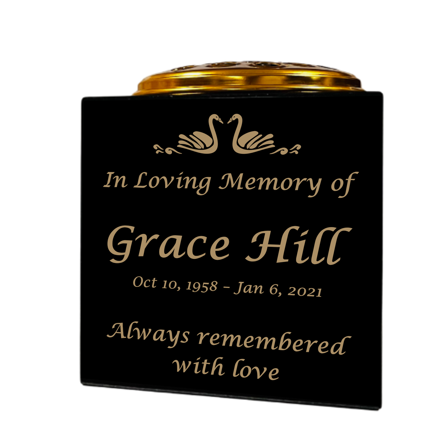 Granite Memorial Vase- Solid Granite – Free Personalized Gold Engraving, Swan 1 – Includes Metal Flower Pot Insert