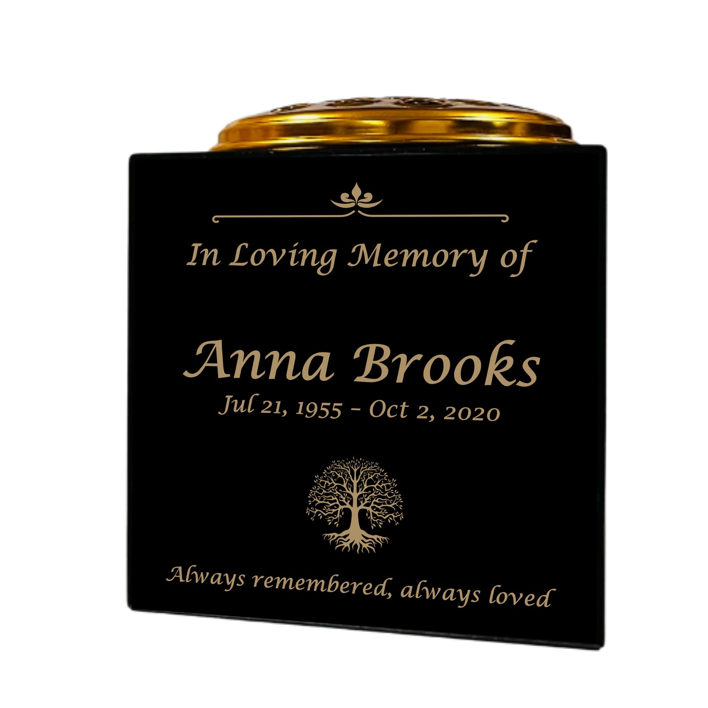 Granite Memorial Vase- Solid Granite – Free Personalized Gold Engraving, Tree of life – Includes Metal Flower Pot Insert