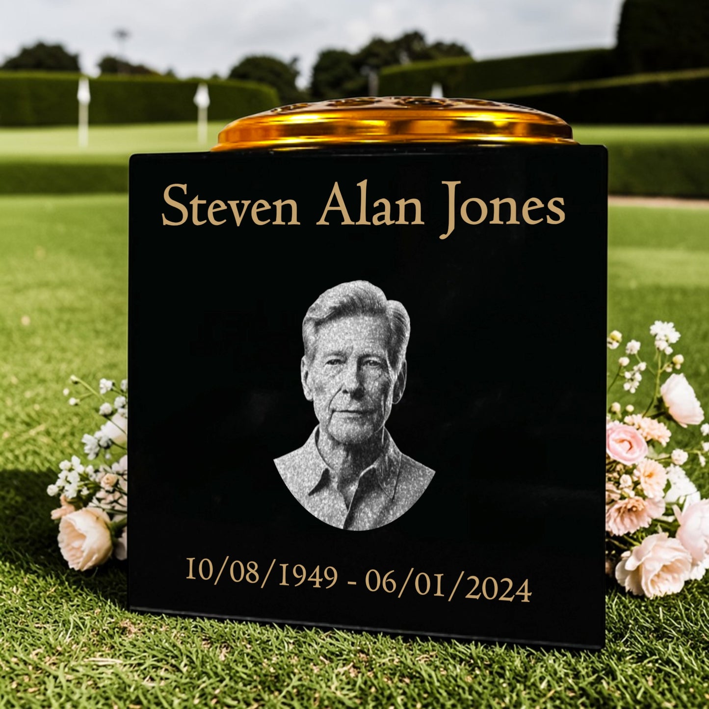 Granite Memorial Vase Engraved Photo Solid Granite Free Personalised Gold Engraving Includes Metal Flower Pot Insert