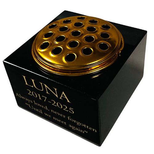Granite Memorial Vase for Pet- Cat -Rectangle Shape – 6x6x4" - with Gold Metal Flower Insert