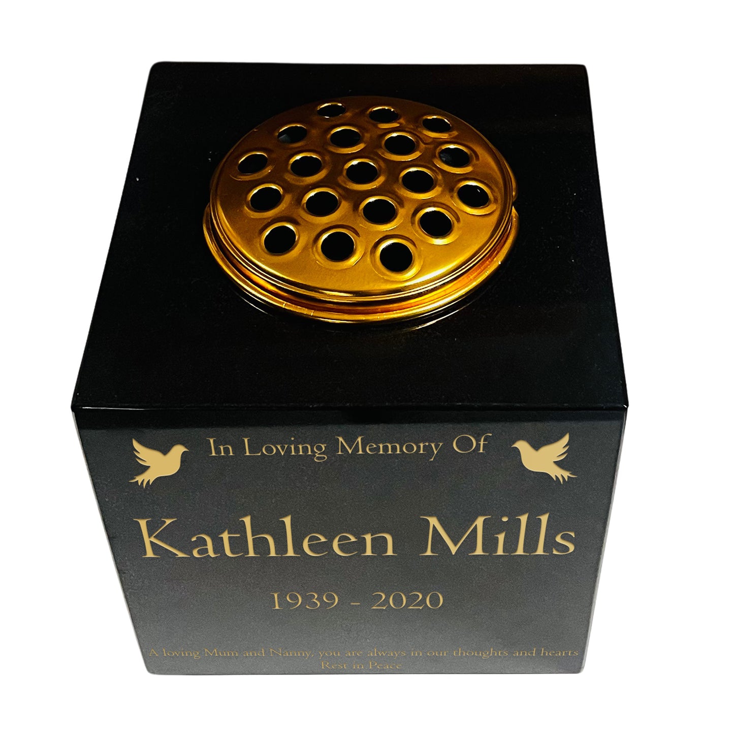 Granite Memorial Vase- Solid Granite – Free Personalised Gold Engraving, Dove – Includes Metal Flower Pot Insert