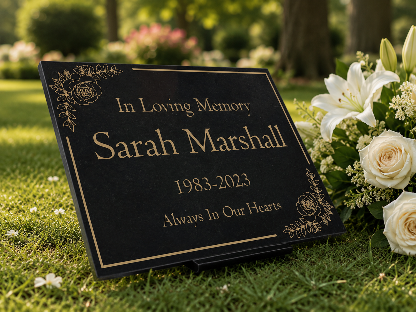 Granite Memorial Plaque, Floral Border Design, Personalised Engraved Tribute
