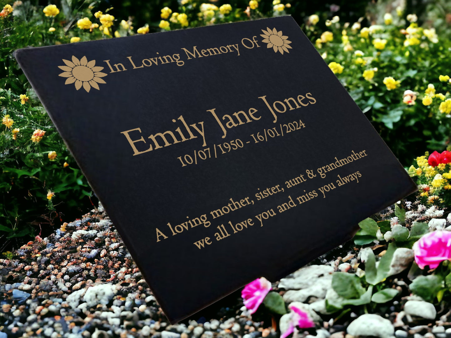 Granite Memorial Plaque, Sunflower Design, Personalised Engraved Tribute