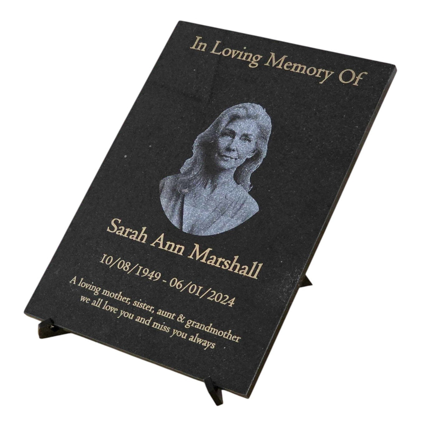 Granite Memorial Etched Portrait Plaque, Add a Portrait, Personalized Text and Stand Included