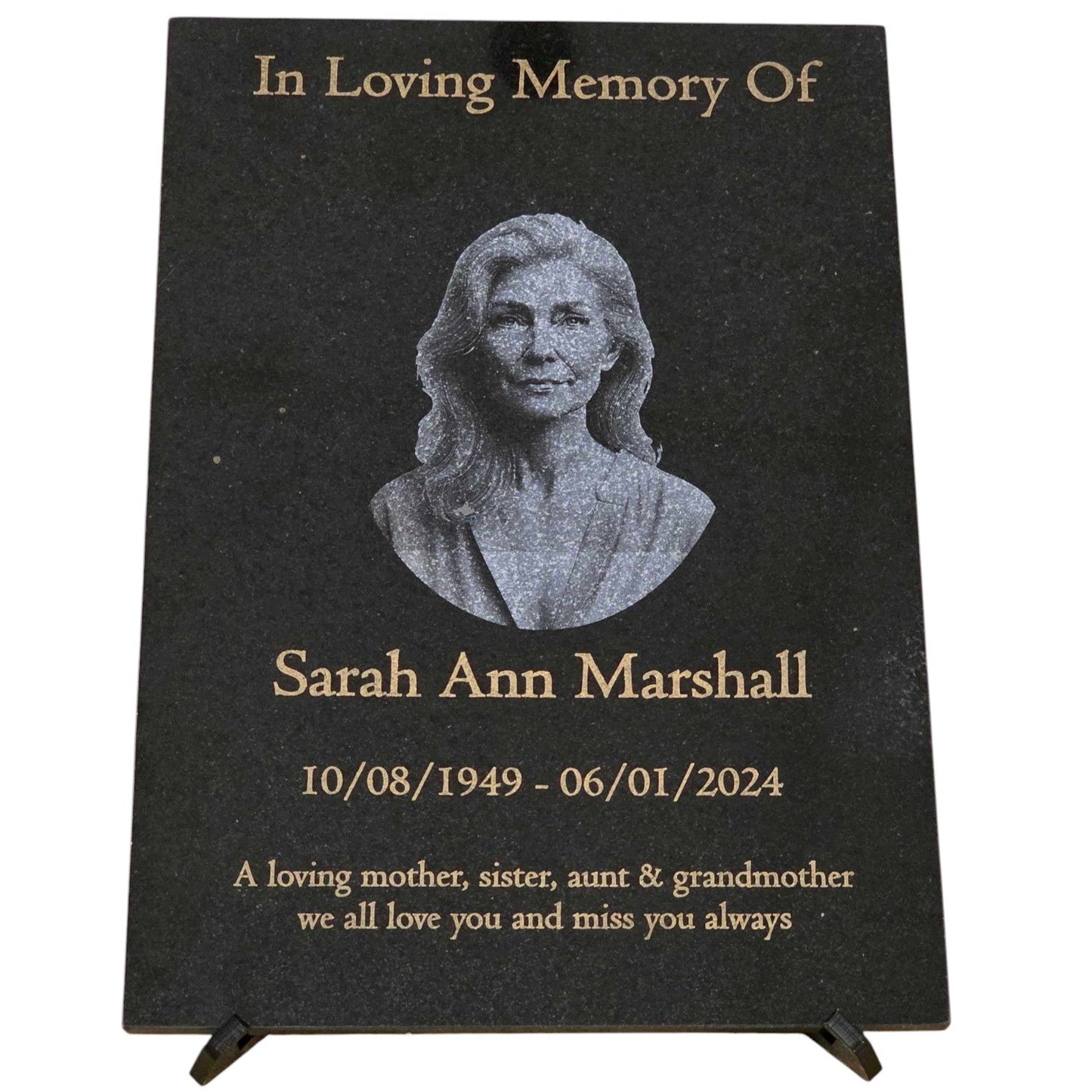 Granite Memorial Etched Portrait Plaque, Add a Portrait, Personalized Text and Stand Included