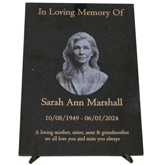Granite Memorial Etched Portrait Plaque, Add a Portrait, Personalized Text and Stand Included