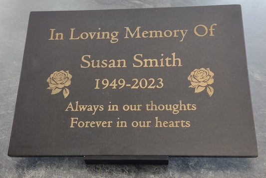 Granite Memorial Plaque, Roses, Personalised, Stand Included