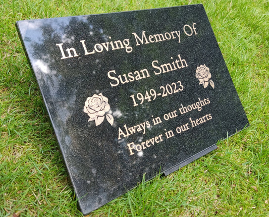 Granite Memorial Plaque, Roses, Personalised, Stand Included