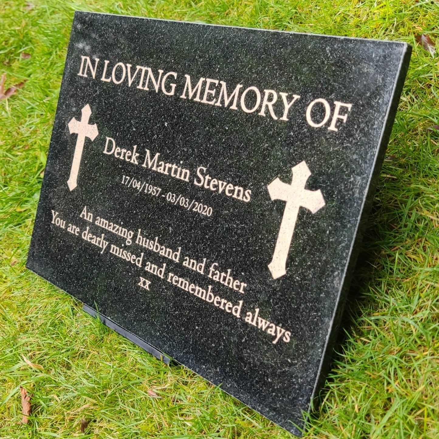 Granite Memorial Plaque, Cross, Personalized, Stand Included