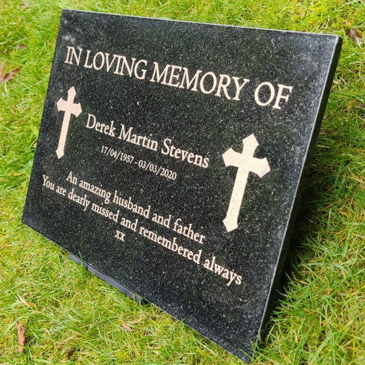 Granite Memorial Plaque, Cross, Personalized, Stand Included