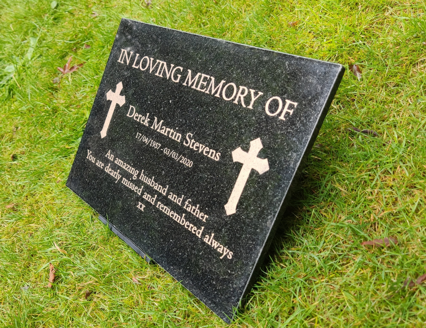 Granite Memorial Plaque, Cross, Personalized, Stand Included