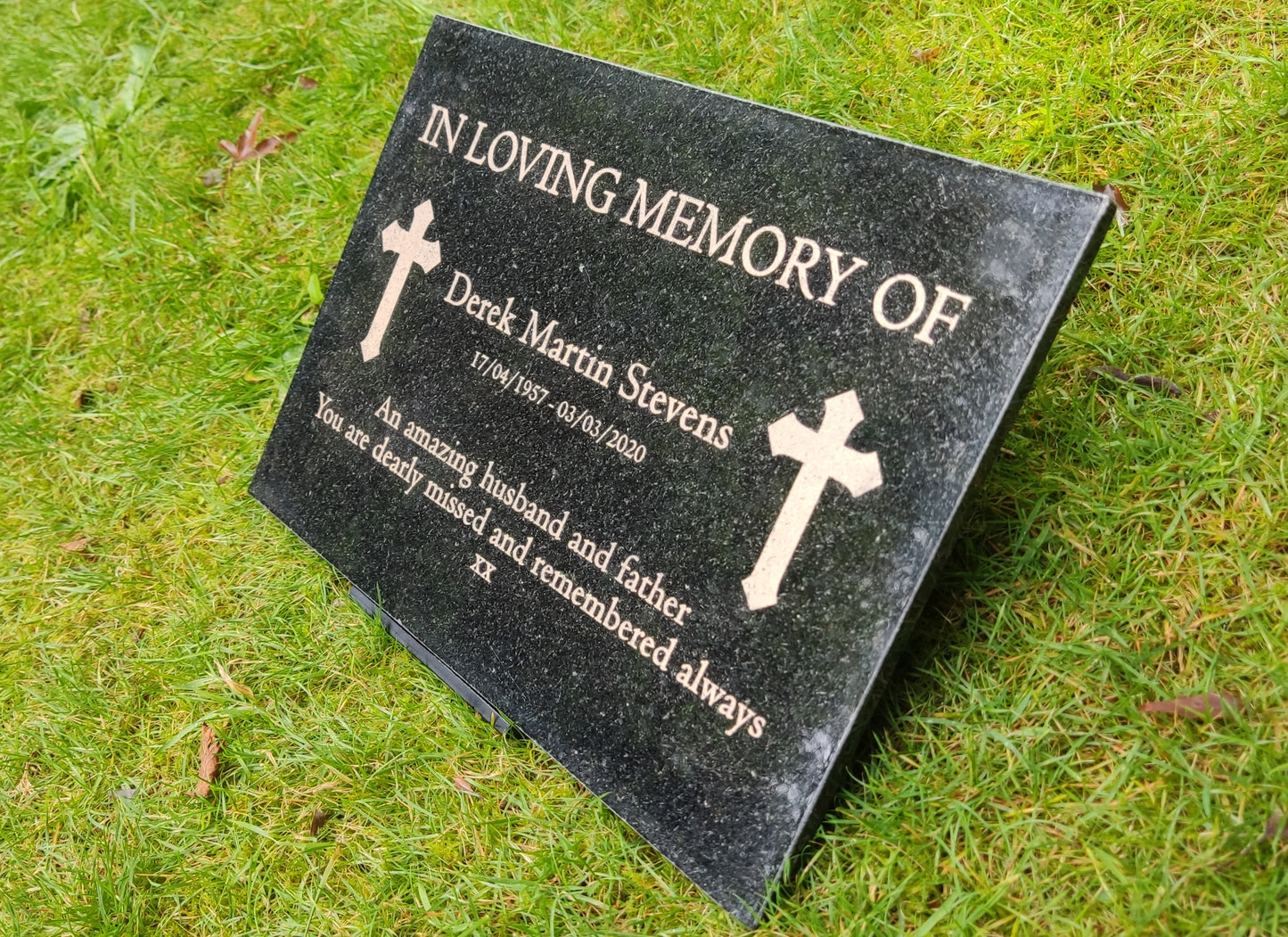 Granite Memorial Plaque, Cross, Personalized, Stand Included