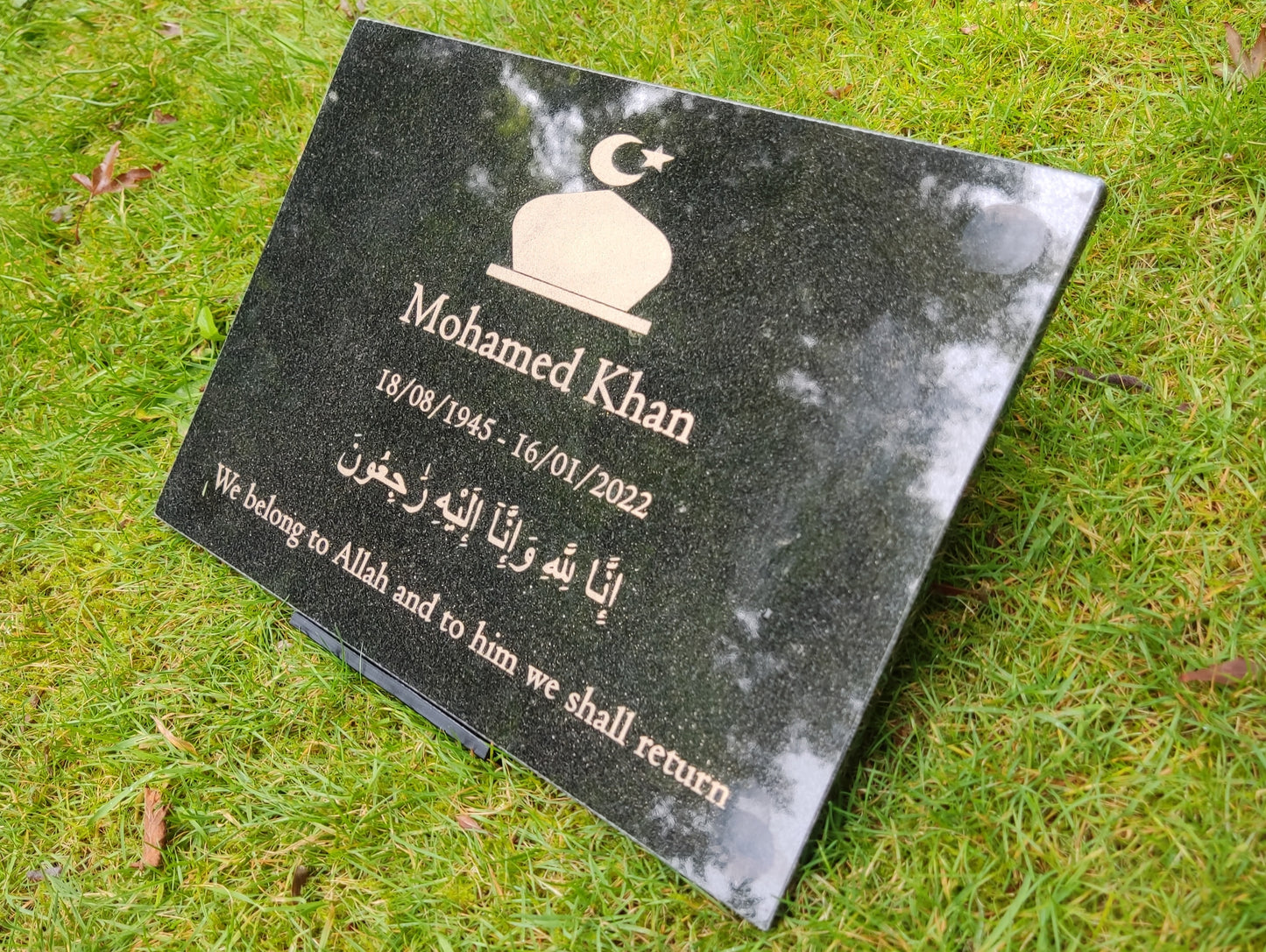 Granite Islamic Memorial Plaque, Personalised, Stand Included