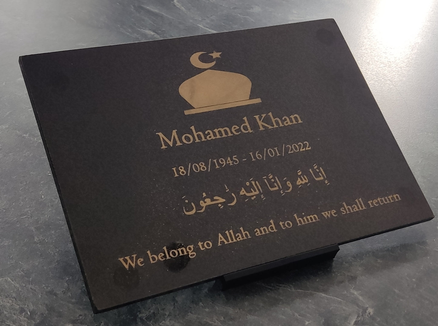Granite Islamic Memorial Plaque, Personalised, Stand Included