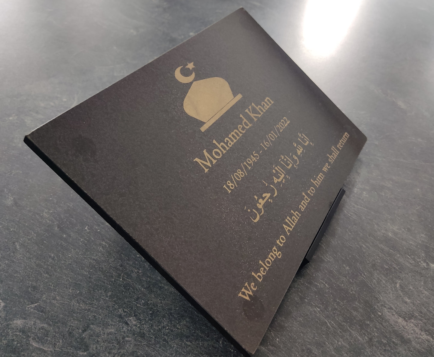 Granite Islamic Memorial Plaque, Personalised, Stand Included
