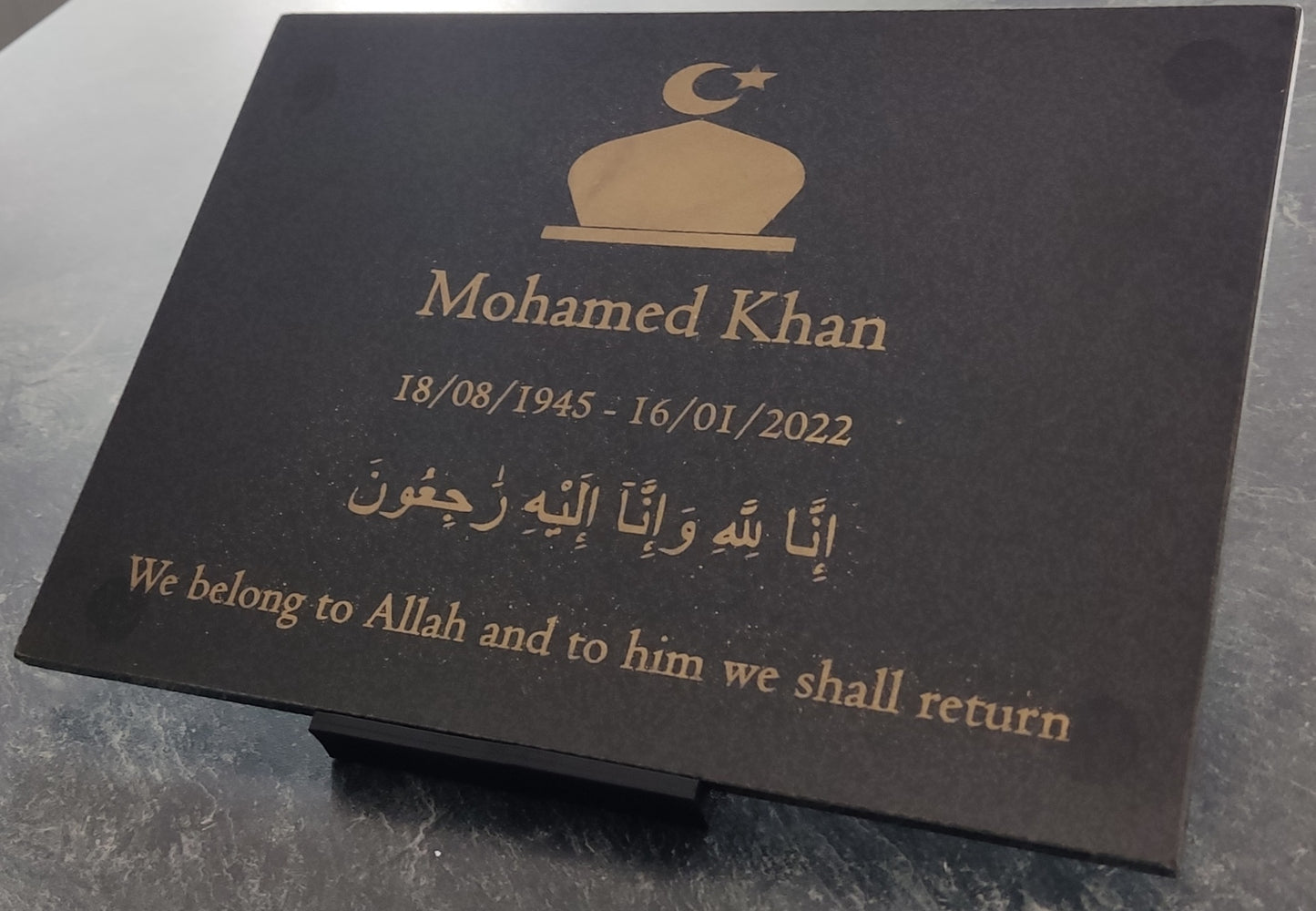 Granite Islamic Memorial Plaque, Personalised, Stand Included
