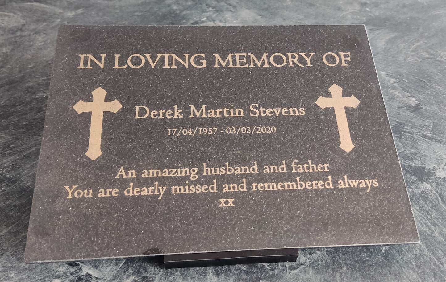 Granite Memorial Plaque, Cross, Personalized, Stand Included