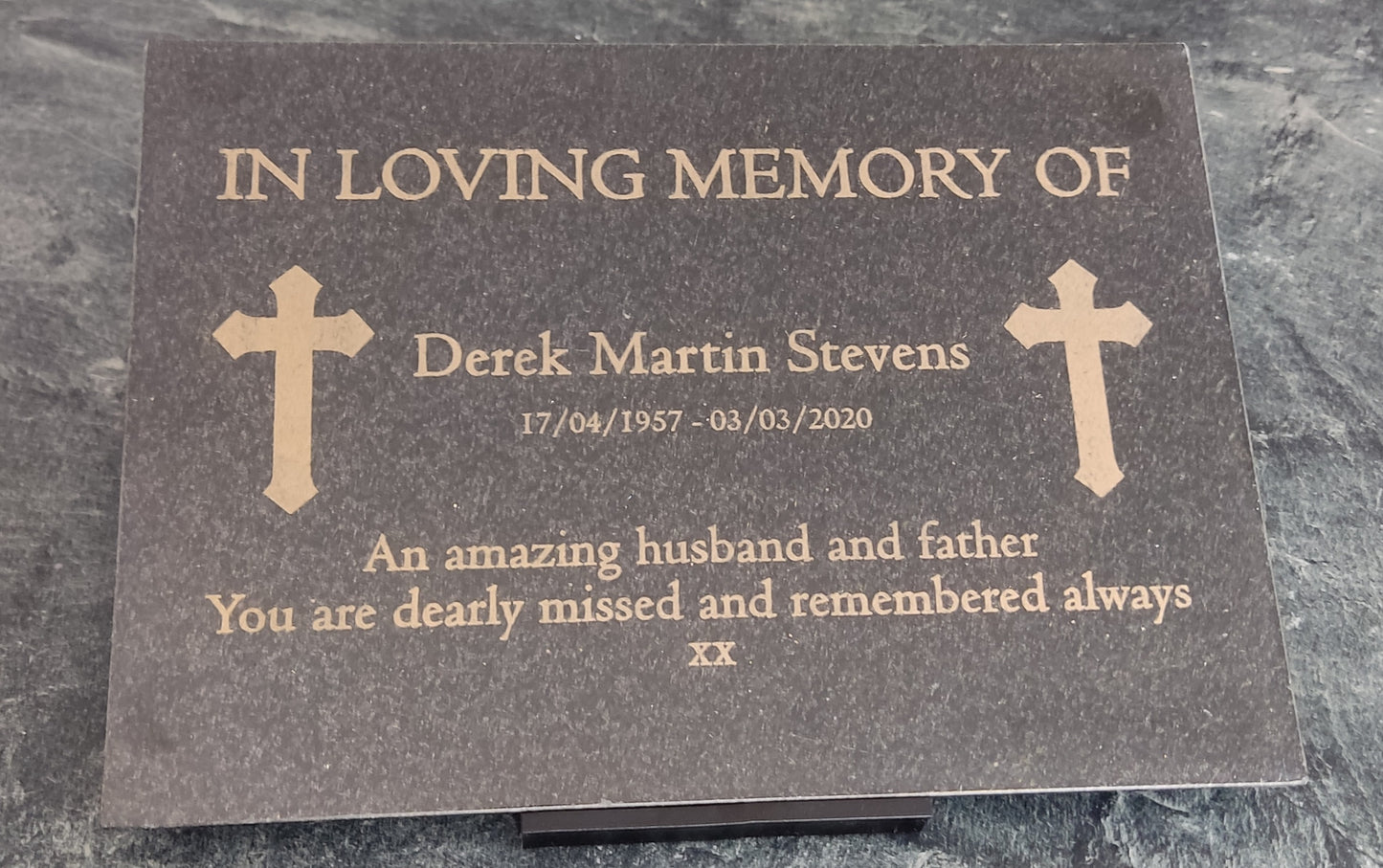 Granite Memorial Plaque, Cross, Personalized, Stand Included