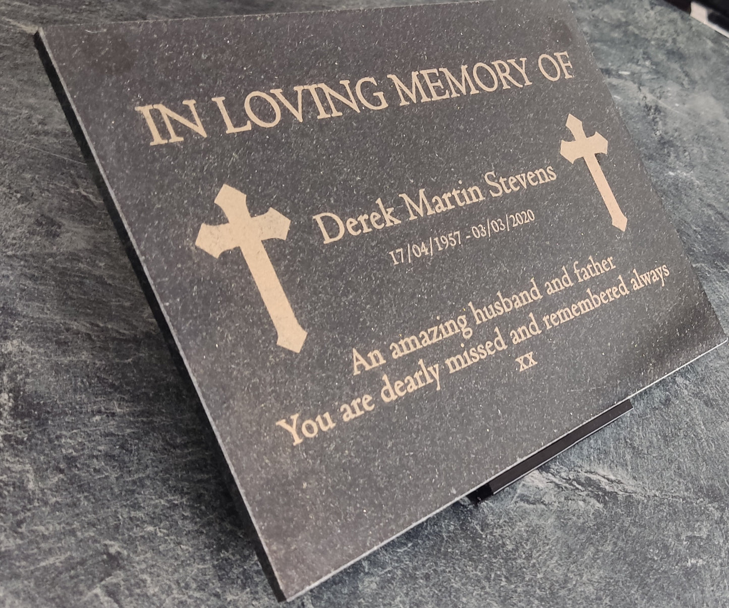 Granite Memorial Plaque, Cross, Personalized, Stand Included