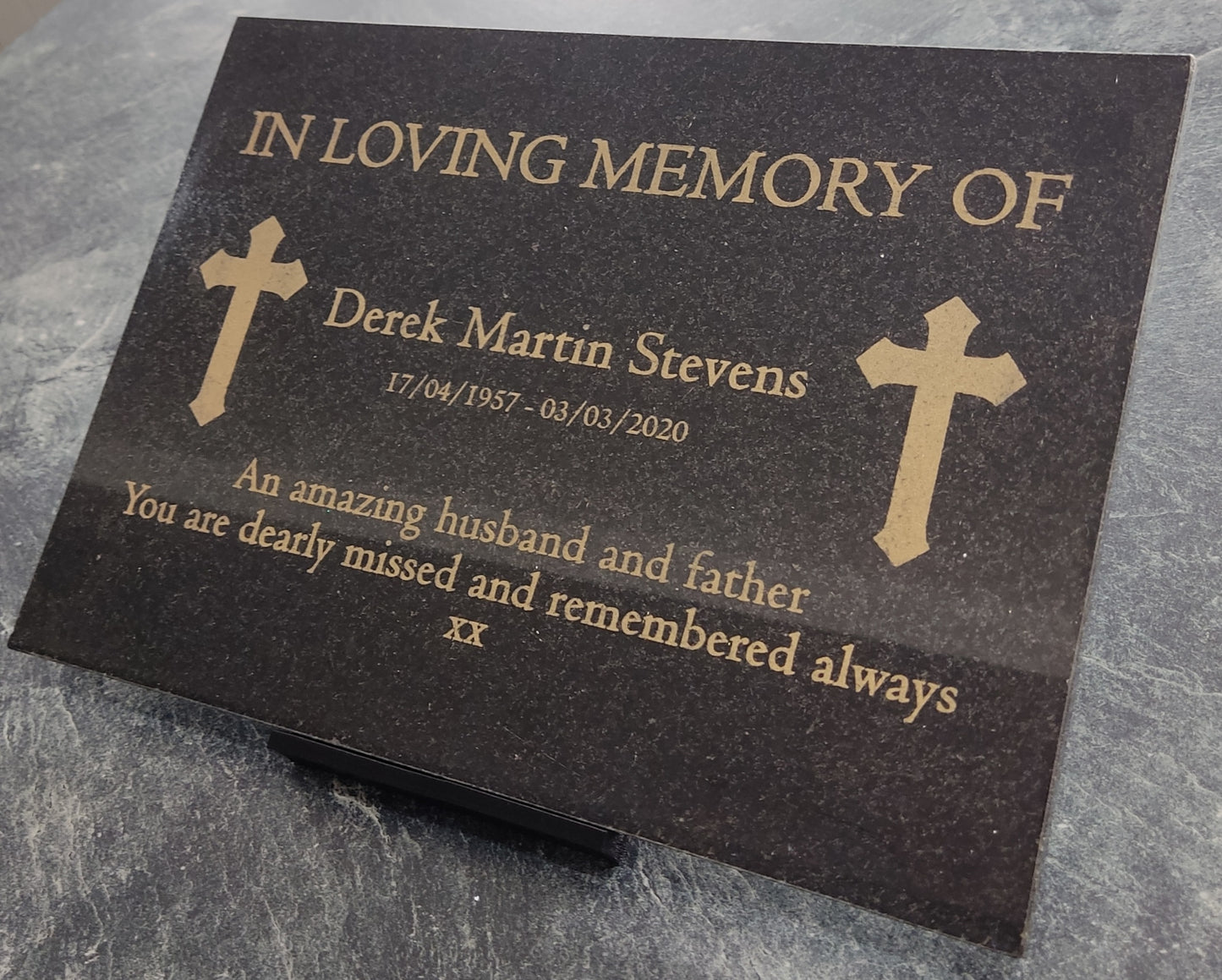 Granite Memorial Plaque, Cross, Personalized, Stand Included