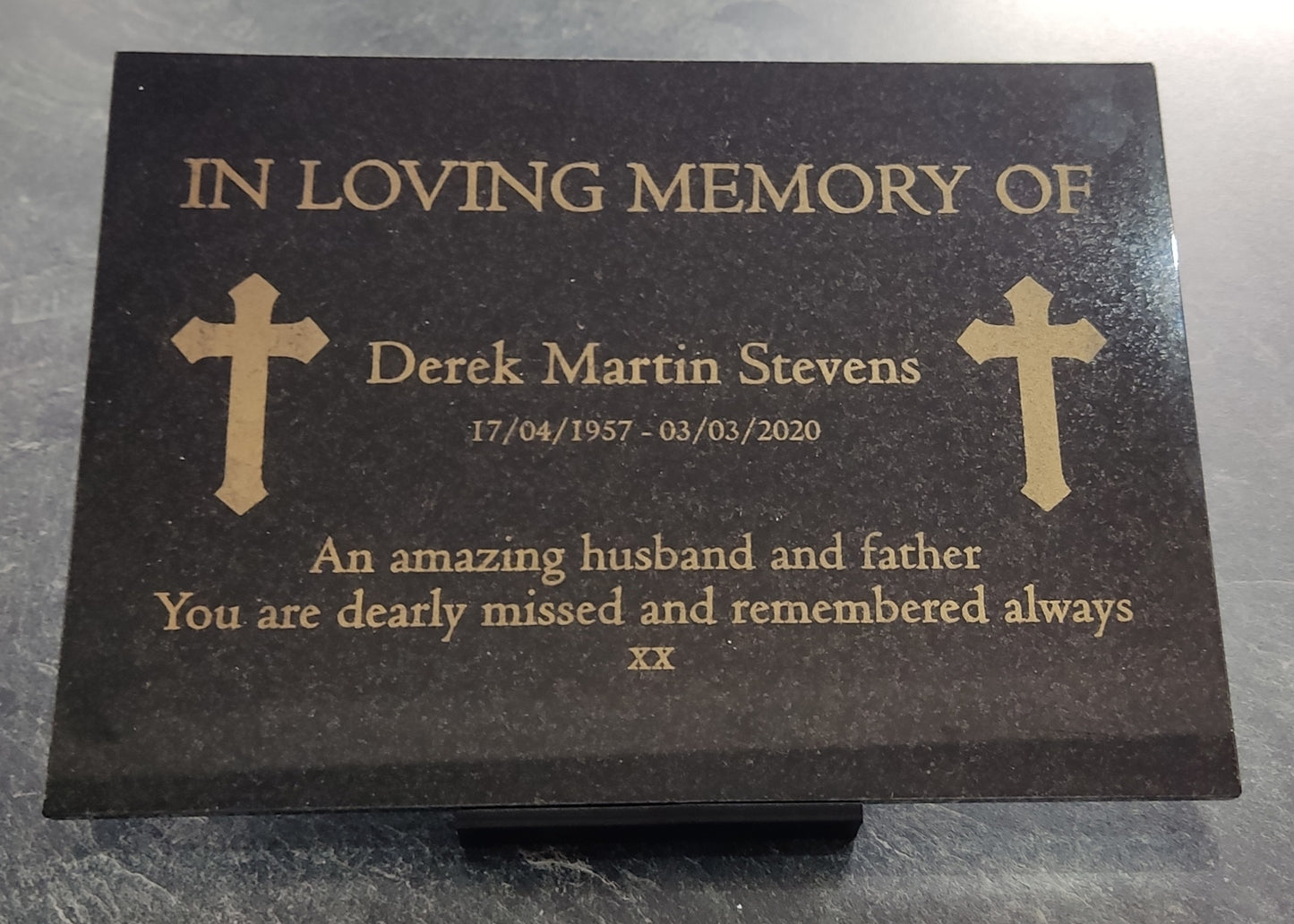 Granite Memorial Plaque, Cross, Personalized, Stand Included