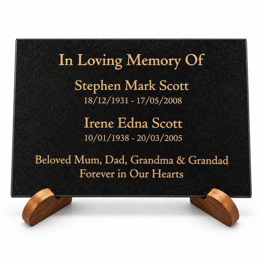 Granite Memorial Plaque for Two Names, Free Personalised Gold Engraving, Polished Granite