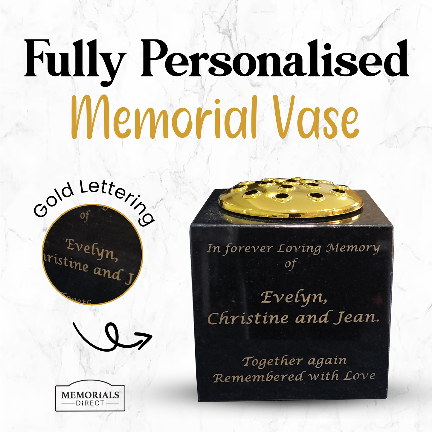 Granite Memorial Vase - Solid Granite - Free Personalised Gold Engraving – Includes Metal Flower Pot Insert
