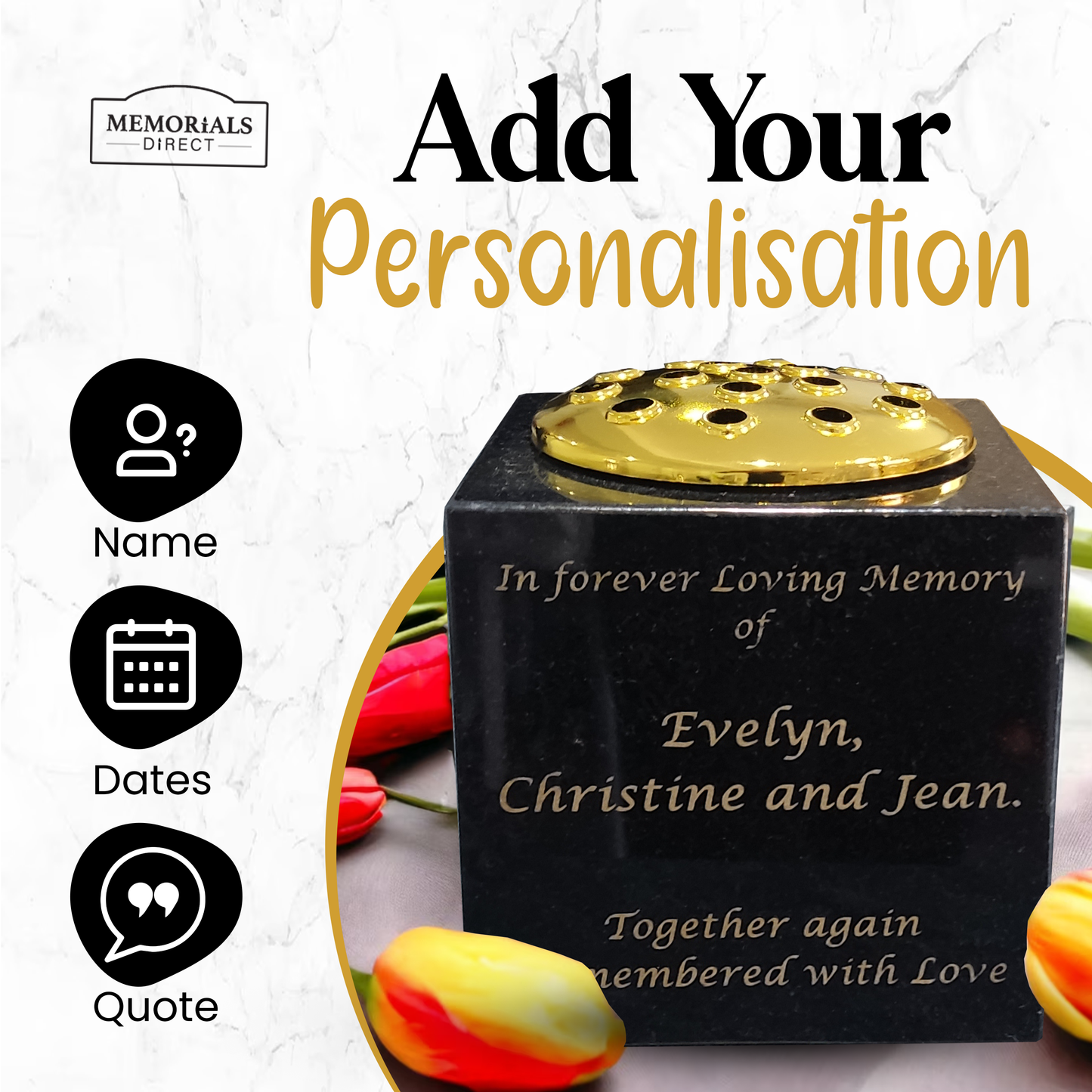 Granite Memorial Vase - Solid Granite - Free Personalised Gold Engraving – Includes Metal Flower Pot Insert