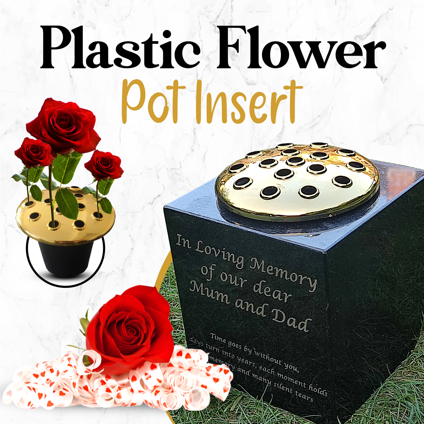 Granite Memorial Vase - Solid Granite - Free Personalised Gold Engraving – Includes Metal Flower Pot Insert