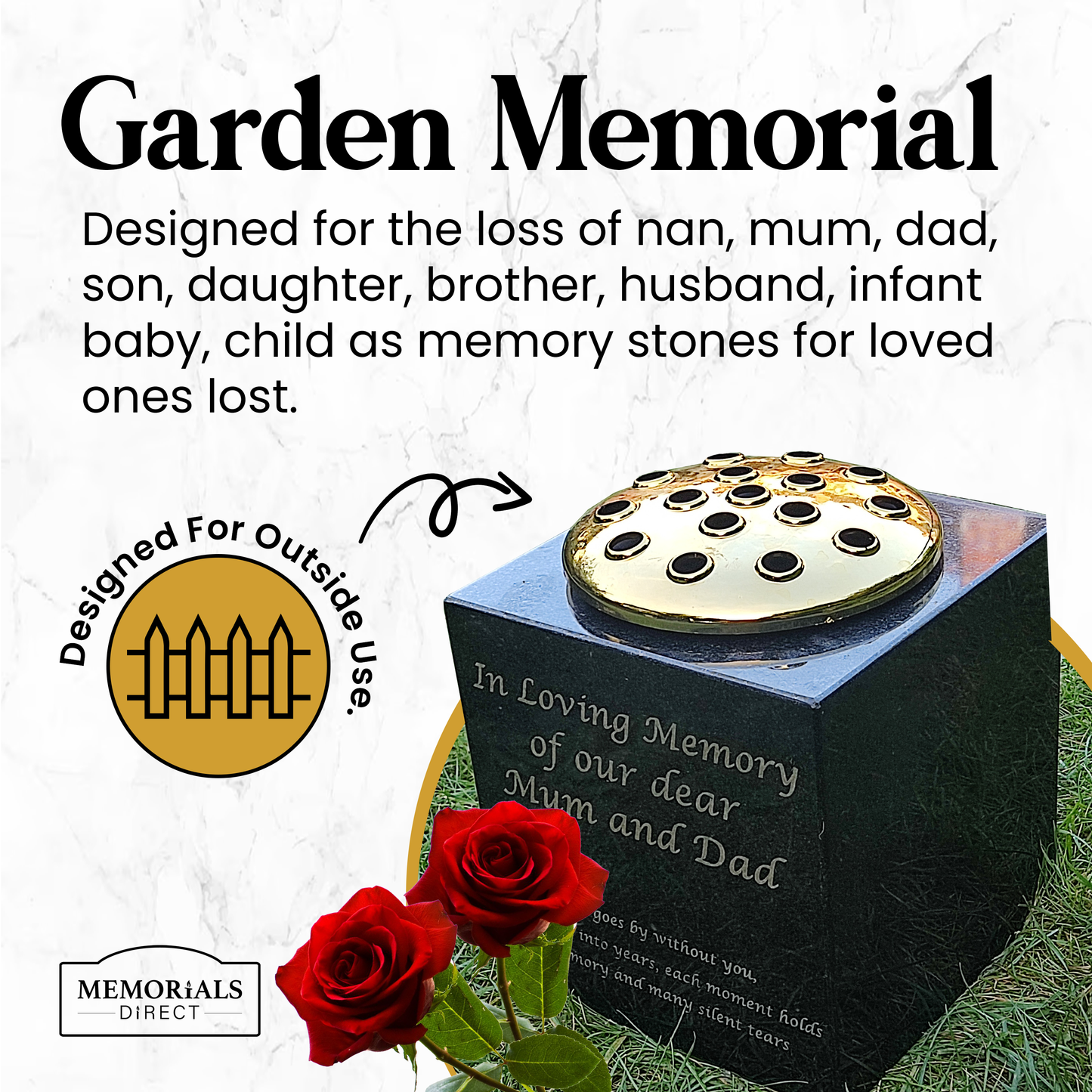 Granite Memorial Vase - Solid Granite - Free Personalised Gold Engraving – Includes Metal Flower Pot Insert