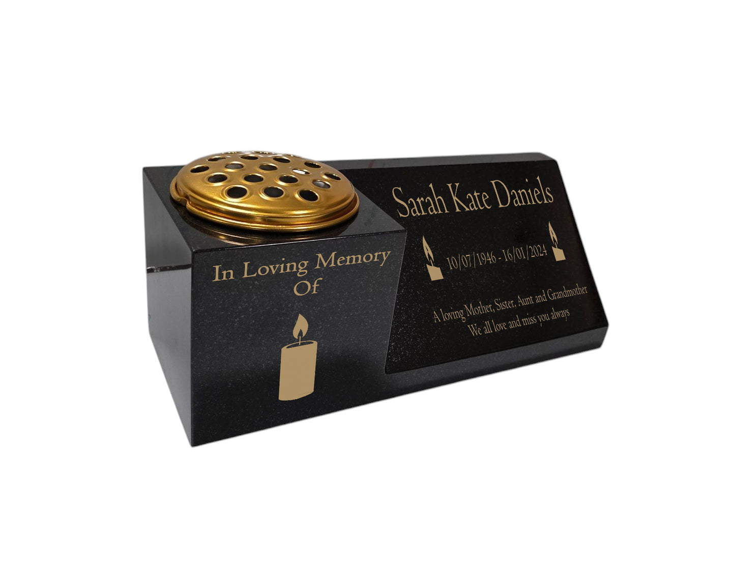 Granite Memorial Vase and Plaque Combination – Candle Design, Solid Granite (16x6x6”) with Flower Pot Insert