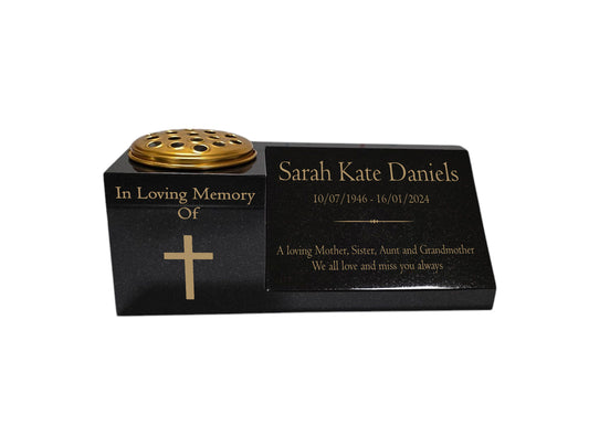 Granite Memorial Vase and Plaque Combination – Cross Design, Solid Granite (16x6x6”) with Flower Pot Insert