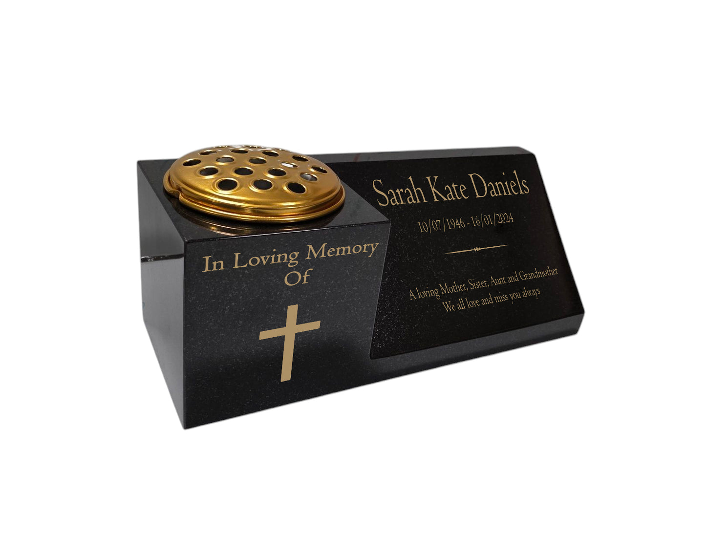 Granite Memorial Vase and Plaque Combination – Cross Design, Solid Granite (16x6x6”) with Flower Pot Insert