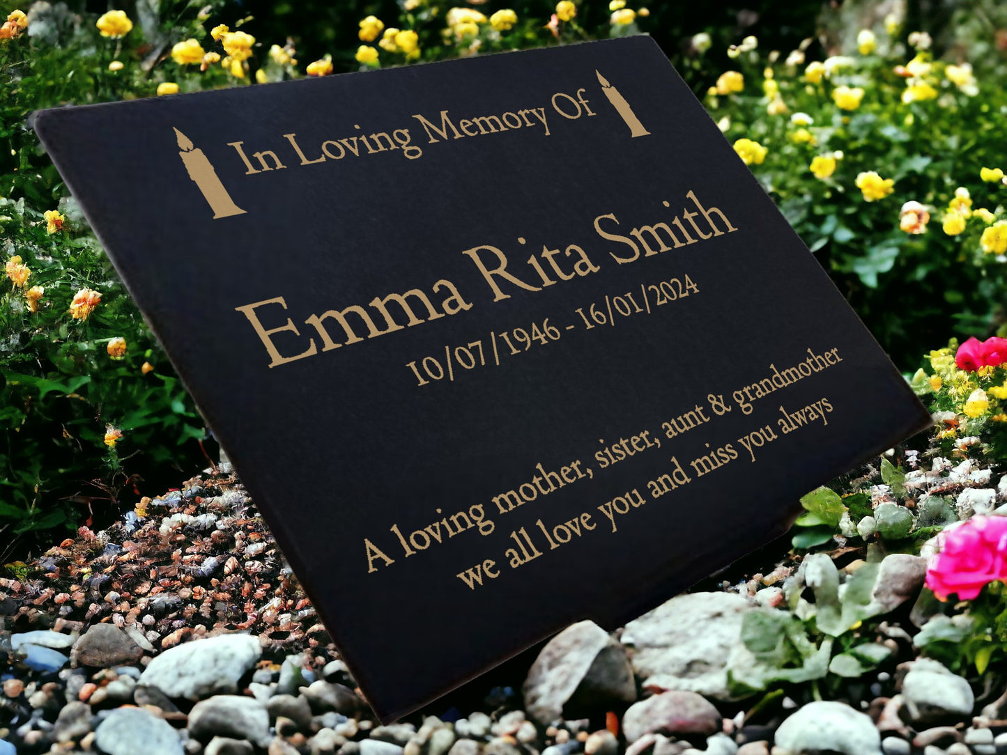Granite Memorial Plaque, Candle Design, Personalised Engraved Tribute